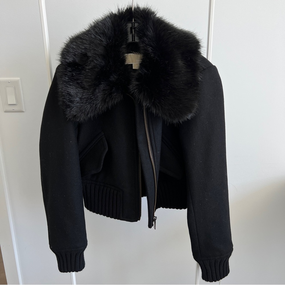 Michael Kors Black Bomber Jacket with Removable Faux Fur Collar